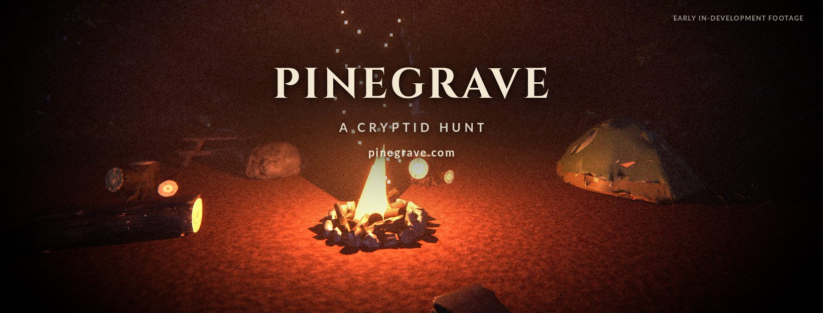 Pinegrave: A Cryptid Hunt title over a campfire at night beside a tent and log seats