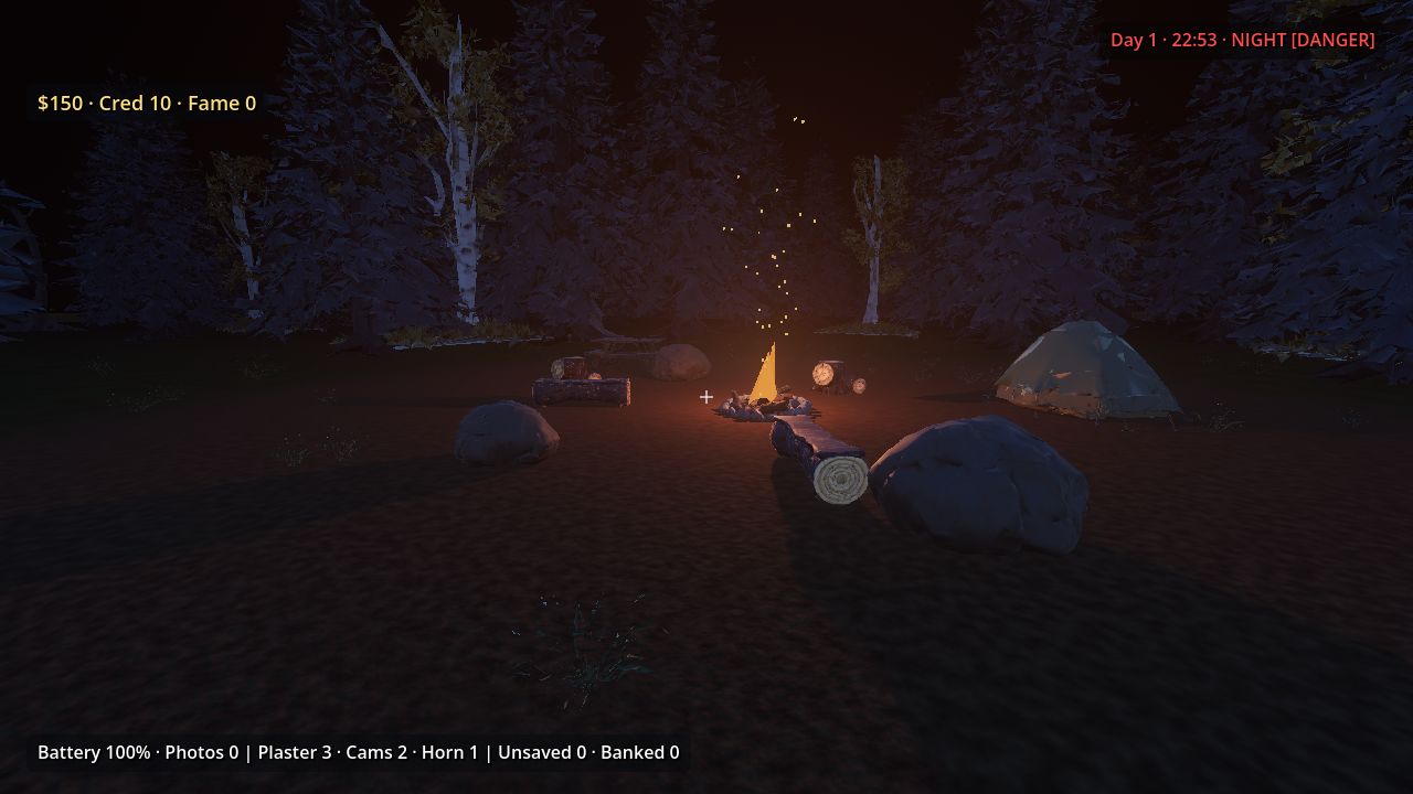 A campfire with log seats and a tent among dark pines and birches