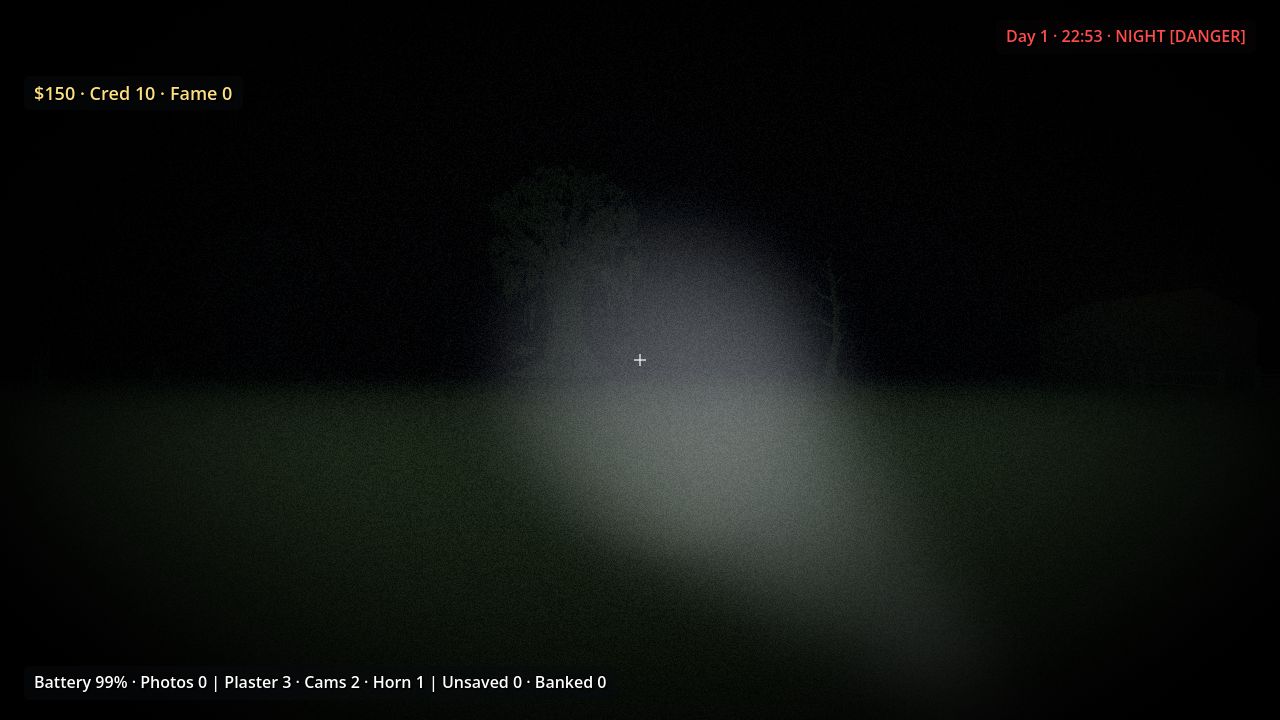 A flashlight beam fading into thick night fog among dark trees