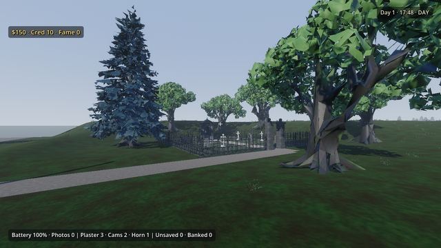 A graveyard with headstones under large trees