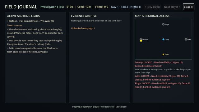 The field journal screen with sighting leads, town rumors and a zone map