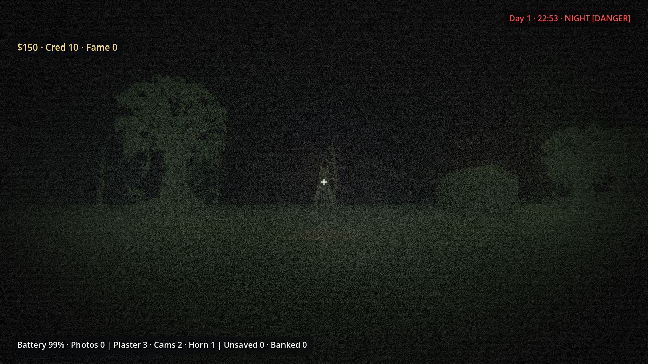 A grainy green-tinted night view with a thin tall figure in the distance
