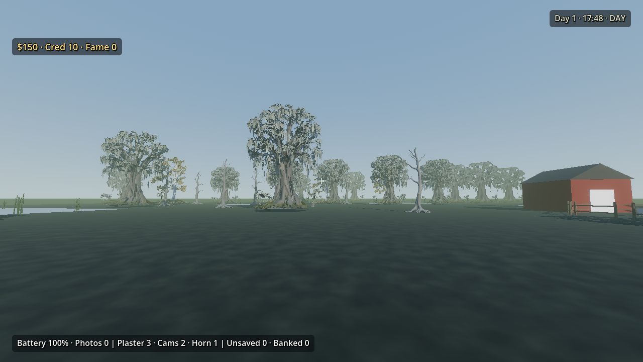 Swamp trees and a red barn under a grey sky