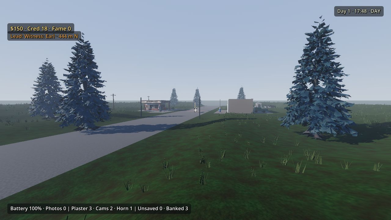 A road through town with spruce trees and buildings