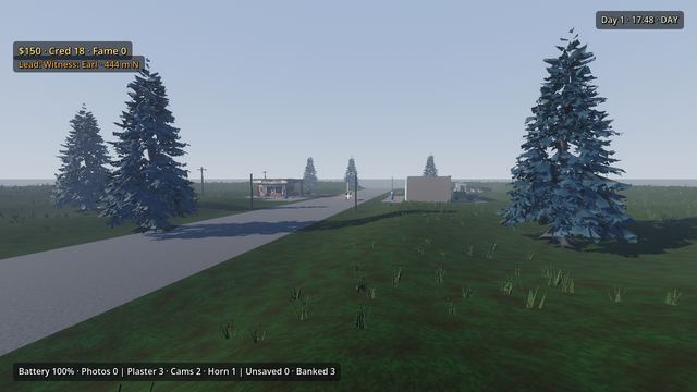 A road through town with spruce trees and buildings